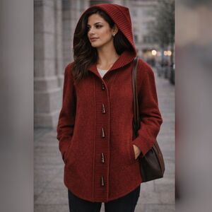 Company Ellen Tracy 14 Red Wool Hooded Sweater Jacket Cardigan Womens Cozy Luxe
